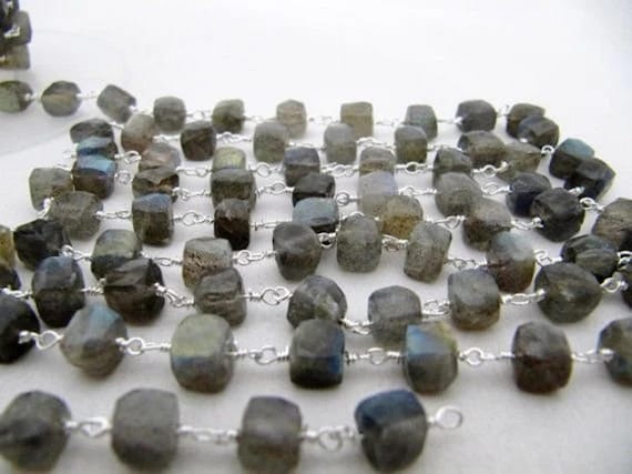 Natural Labradorite Cube Box Shape Faceted Beaded Size 6-7mm Black Cube shape Sterling Silver Rosary Chain Wholesale Prices Sold Per Foot