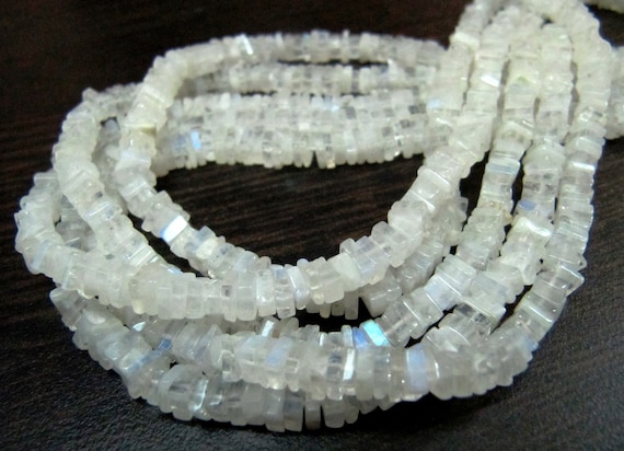 Top Quality Natural Rainbow Moonstone Heishi Cut Beads / Blue Flashy White Moonstone 4-5mm Size Beads / Strand 8 inch / Square Shape Beads