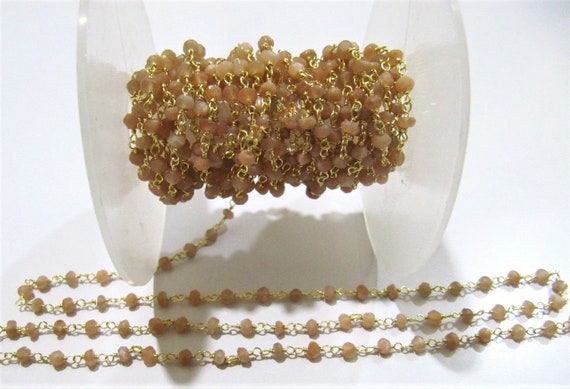 3 Feet-Natural Peach Moonstone Rondelle Faceted Beaded Rosary Chain 3-4mm  Wire Wrapped Beaded Chain Wholesale Prices