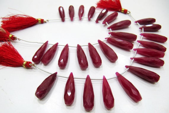 Ruby Long Tear Drop  Shape Briolette  Faceted Beads  Approx 1 inch Long beads  Sold per strand  8 inches long Jewelry Making Dyed Beads