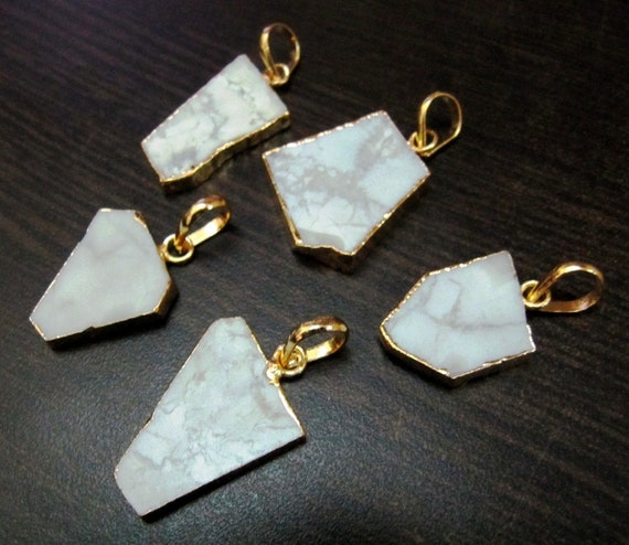 2 Pcs Set-Natural White Agate Slice Pendant Free Form Connector Charm With 24K Gold  Electroplated Edge Single Loop 1 inch approximately