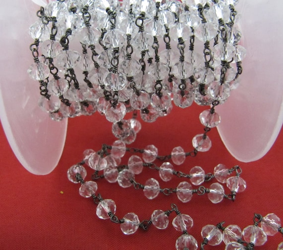 9 Ft- Crystal Quartz  Rosary Rondelle Faceted Beaded 6mm Size Clear Quartz Bead Chain Wholesale Prices Jewelry Making Crystal Chain black