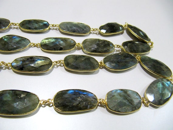 Natural Labradorite Uneven Shape Briolette faceted Bezel Connector Chain 15x27mm Approx Gold/Silver/Black/Rose gold Plated Sold Per Foot