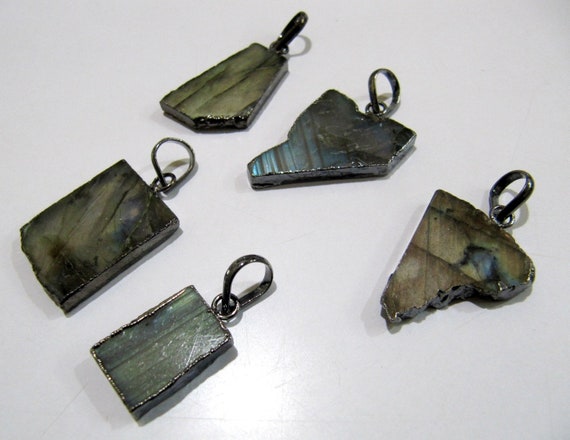 2 Pieces Set-Natural Labradorite Slice Pendant Free Form Charm With Black Oxidized Edge , Single Loop Connector 1 inches approximately