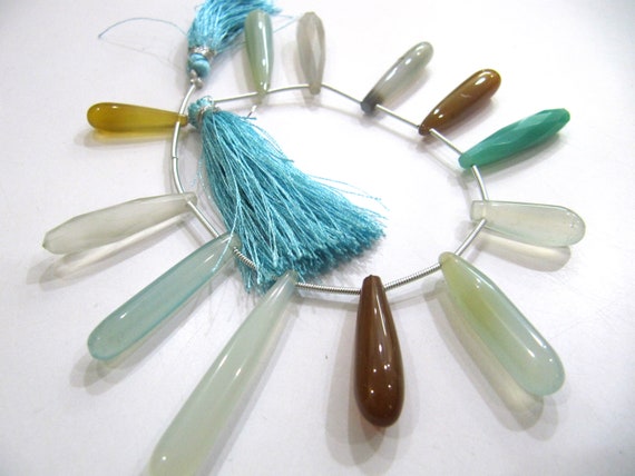 Natural Multi Color Chalcedony Tear Drop Plain Smooth 1 to 2 Inch Long Gemstone Beads  Strand 8 Inches Sold Per Strand Jewelry Making Beads