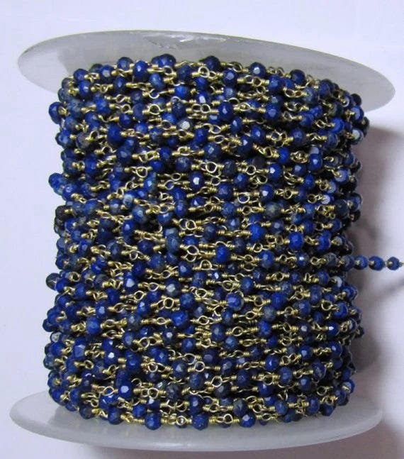 3 Feet- Lapis Lazuli  Rondelle Faceted 3 to 4mm Beaded Wire Wrap Rosary Chain Jewelry Making Linked Aati Chain Wholesale Rates