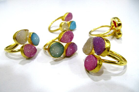 Beautiful Colorful Druzy Rings Triplet Design Size 10-20mm, Adjustable Size, Free Size, 24 Kt Gold Plated, Mix Color and Shape, YOU CHOOSE