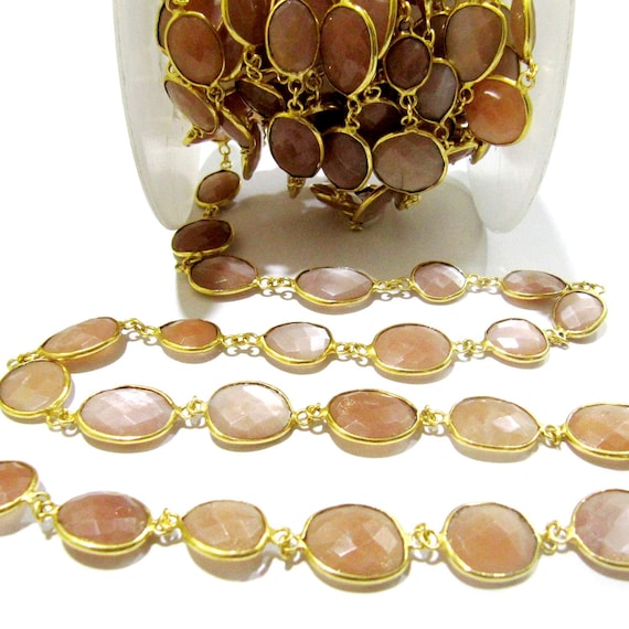 Natural Peach Moonstone Uneven Shape Briolette Connector Chain Size 12x15mm  Gold Plated Sold Per Foot High Quality Beads Wholesale prices