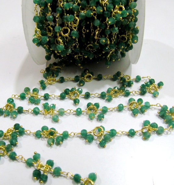 1 Foot-  Dyed Emerald Beaded Gemstone Flower Chain Rondelle faceted Beads 3 to 4mm size, Dangling Chain Semi Precious Stones Jewelry Chains
