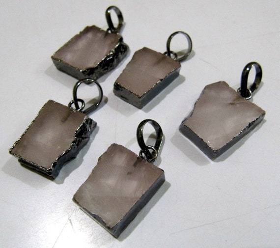 2 Pcs Set-Natural Rose Quartz Slice Pendant Free Form Connector Charm With Black Oxidized  Electroplated Edge Single Loop 1inch approx