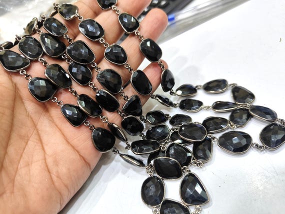 Natural Black Spinel Free Shape Briolette Faceted Bezel Connector Chain 15to20mm Gold Plated Sold Per Foot
