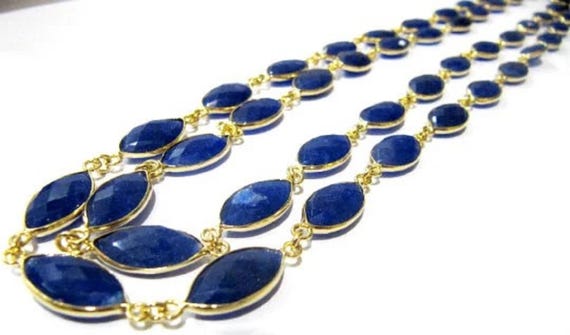 Blue Sapphire Marquise Shape Briolette Faceted Bezel Connector Chain 9x15mm Gold Plated Sold Per Foot High Quality Wholesale Prices Chain