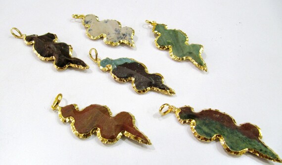 Natural Jasper Designer Snack Shape Gold Electroplated Edge Single Loop Arrowhead Connector Charms Pendant Size 2 to 2.5 Inches Approx Long