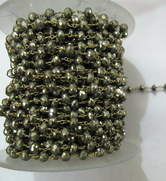 Natural Pyrite 5-6mm Rondelle Faceted Beaded Wire Wrapped Rosary Aati Chain Wholesale Price Jewelry making chain sold per foot