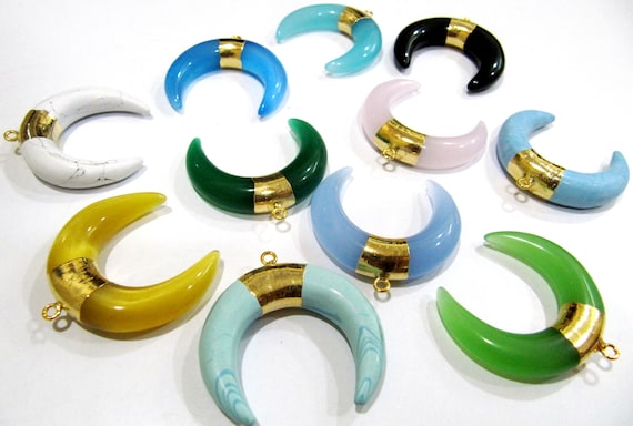 Crescent Moon Mix Color Charm Pendant 35mm Gold Electroplated Double Horn healing Crystals Bull Horn Pendant Single Loop Choose the Color