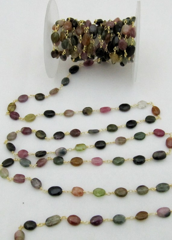 Natural Multi tourmaline 8 to 10 mm Oval Plain Smooth Beaded Rosary Wire Wrapped Chain Wholesale Prices Jewelry Making gemstone chain