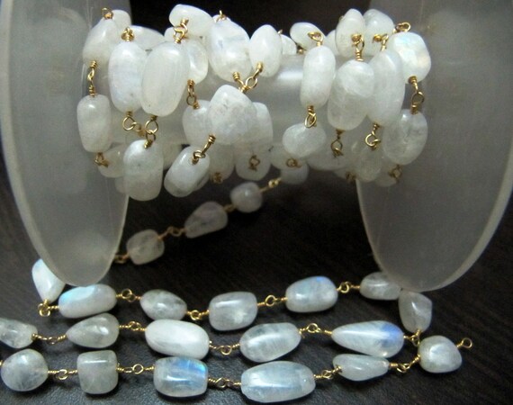 Natural White Rainbow Moonstone Tumbled Nugget Shape Plain Smooth Beaded Rosary Chain Sold Per Foot High Quality Handmade Chain Per FOOT