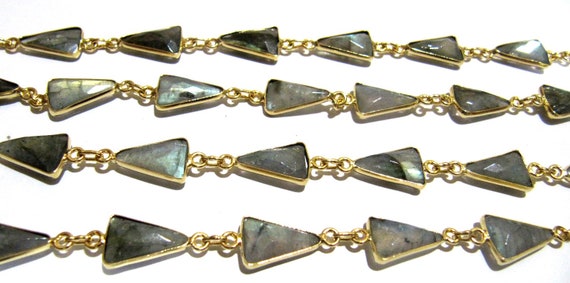 Natural Labradorite Trillion Triangle Shape Briolette Bezel Connector Chain 9x13mm Gold Plated Sold Per Foot Handmade Chain