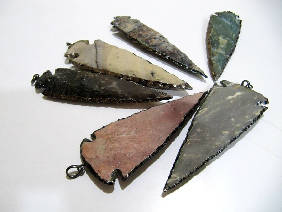 2 Piece Set Natural Jasper Black Oxidized Electroplated Edge Single Loop Arrowhead Connector Charms Pendant Size 4 to 5 Inches Long