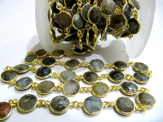 Natural Cat's Eye  Round Coin Shape Briolette Faceted 10mm Bezel Connector Chain Best quality Wholesale Prices Sold Per Foot