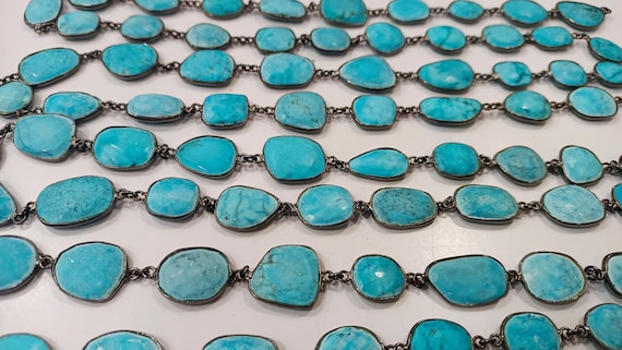 Natural Turquoise briolette Free Shape 12 to 15mm Bezel connector Chain Sold Per Foot Great Quality Black Oxidized Chain