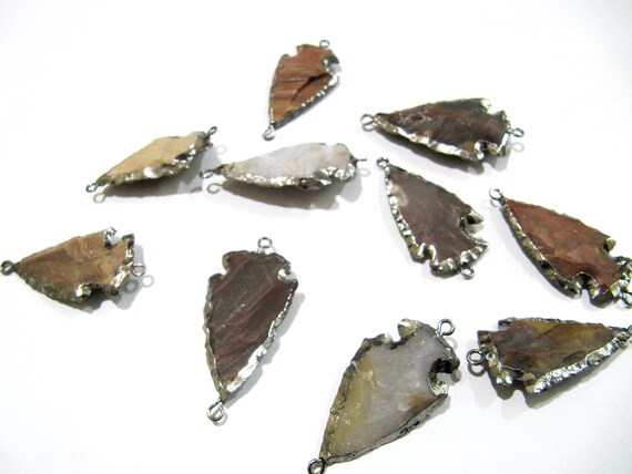 2 Pcs Set Natural Jasper Silver Electroplated Edge Double Loop Arrowhead Connector Charms Pendant Size 1 to 1.5 Inches Long