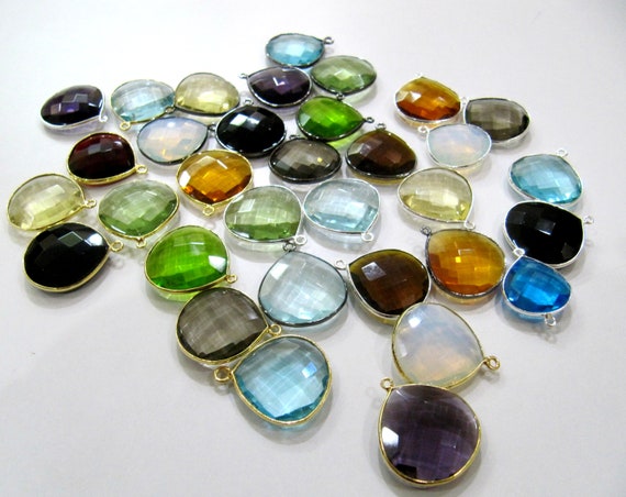 Mix Color Gemstone Quartz Briolette Faceted Size 20mm Heart Shape Single Loop Bezel Connector Choose the stone color and Plating