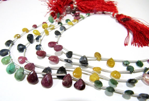 Natural Multi Precious Gemstone Ruby Emerald Sapphire faceted Briolette Size 5x7 to 7x9mm Pear Shape Graduated Bead Strand 8 inches