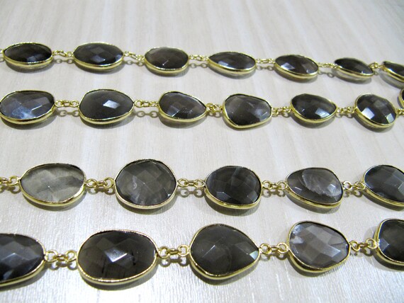 Natural Grey Moonstone Nugget shape Briolette Bezel Connector Chain Uneven Free Shape 12to15mm Gold/Silver/Black/Rose Plated Sold Per Foot