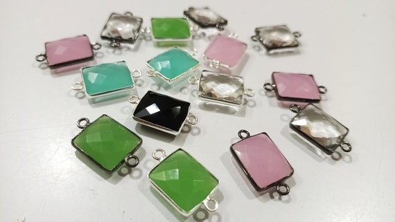 Natural Multi Gemstone Rectangle Shape 12x14mm Double Loop  Bezel Connector Charms For Jewelry Making You can Choose Stone and Plating
