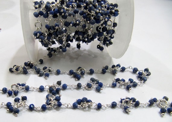 Natural Lapis lazuli  Gemstone Beaded Flower Chain Rondelle faceted Beads 3 to 4mm size Cluster Beaded Dangling Chain Sold per Foot