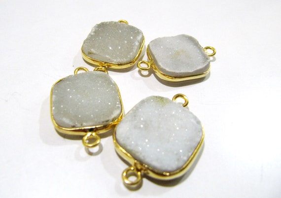 Natural White Druzy Cushion Shape Bezel Connector Size 17mm , Gemstone Connector  Double Loop Bezel Gold Plated Wholesale Prices