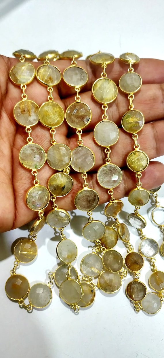 Natural Golden Rutilated Quartz Round Coin Shape Briolette Bezel Connector Chain 10 to 11mm Sold Per Foot High quality Stones Chain