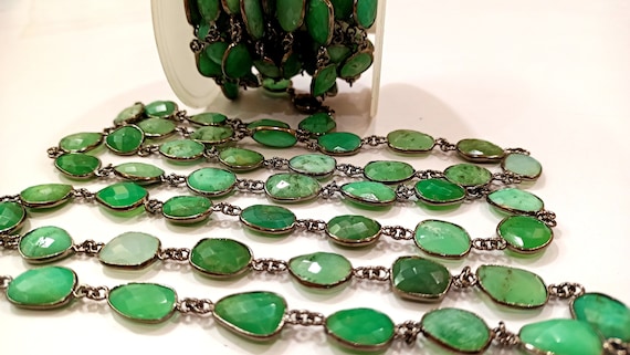 Natural Chrysoprase Connector Uneven Free Shape Briolette Faceted Bezel Connector Chain 12 to 14 mm Gemstone bezel Chain Sold Per Foot