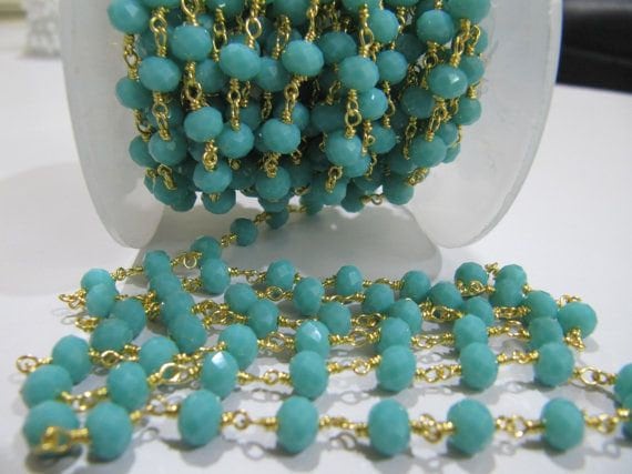 3- Feet Amazonite  Rondelle Faceted Size 6mm wire wrapped Hydro Quartz Beaded Rosary Chain Wholesale Prices Jewelry Making Gemstone chain