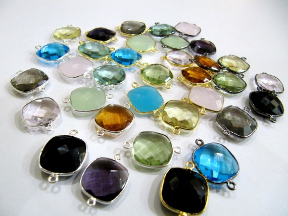 Mix Color Gemstone Quartz Briolette Faceted Size 15mm Cushion Shape Double Loop Bezel Connector Choose the stone color and Plating