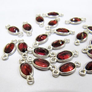 925 Sterling Silver Natural Garnet Oval shape Briolette Bezel Connector 4*6mm Double Loop charms Sold Per Piece