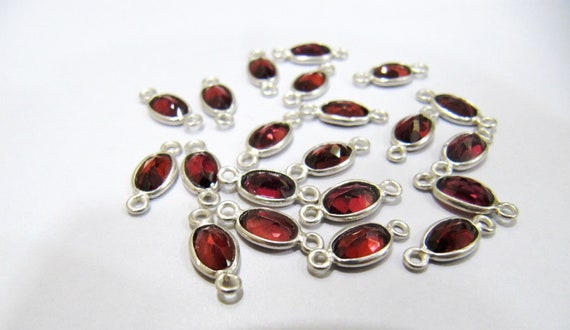 925 Sterling Silver Natural Garnet Oval shape Briolette Bezel Connector 4*6mm Double Loop charms Sold Per Piece