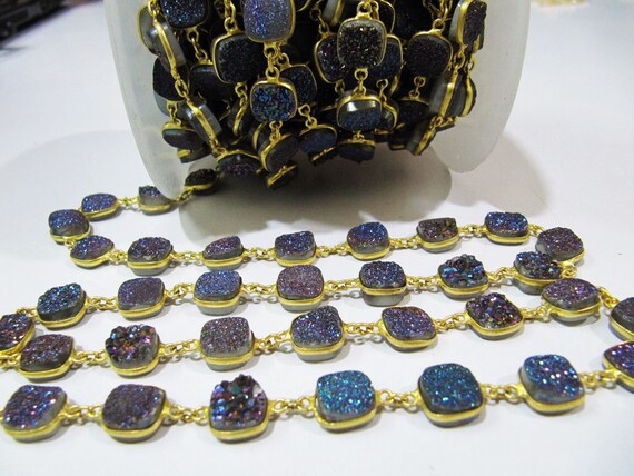 Natural Druzy Cushion Shape Size 10 mm Titanium AB Coated Bezel Connector Gold Plated Chain Sold Per Foot High Quality Wholesale Prices