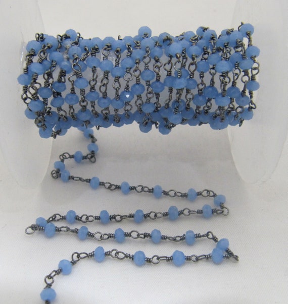 3 Feet Blue Chalcedony Rondelle Faceted  3-4mm Hydro Quartz Beaded Rosary Chain High Quality Wholesale Price Jewelry making chain