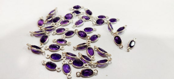 925 Sterling Silver Charms Natural Amethyst gemstone Oval shape Briolette Bezel Connector Double Loop Sold Per Piece