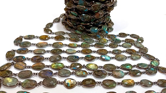 Natural Labradorite Free Shape Briolette faceted Uneven Bezel Connector Chain 12 to 15mm Sold Per Foot Wholesale price Blue Flashy Stones