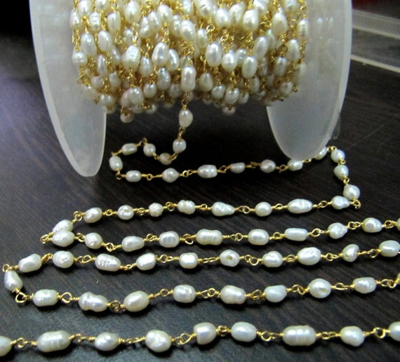 Natural Pearl Rice Shape 4-5mm Beads Rosary Chain Genuine  Pearl Handmade Wire wrapped beaded Chain Wholesale Prices Sold per Foot