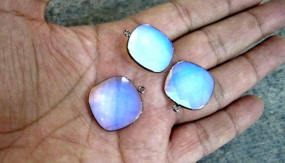 White Opal Quartz Briolette Faceted Size 23mm Cushion Square Shape Single Loop Bezel Connector Choose the Plating color Sold Per Piece