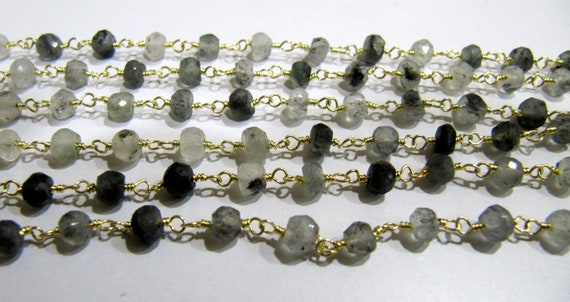 Natural Black Rutilated Quartz Rondelle Faceted 4mm Beaded Wire Wrapped Rosary Chain Wholesale Prices Jewelry making Chain sold per foot