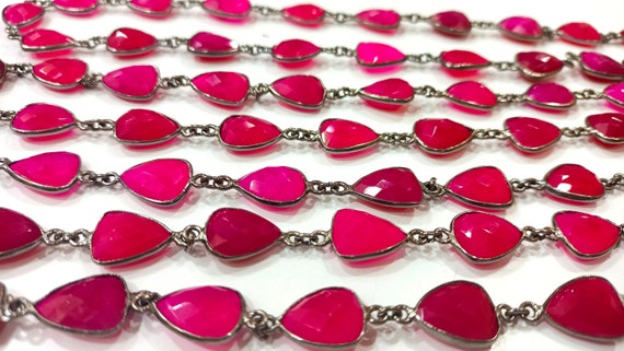 Natural Hot Pink Chalcedony Trillion Cut Triangle Shape Briolette Faceted Bezel Connector Chain 10x13mm Gold Plated Sold Per Foot