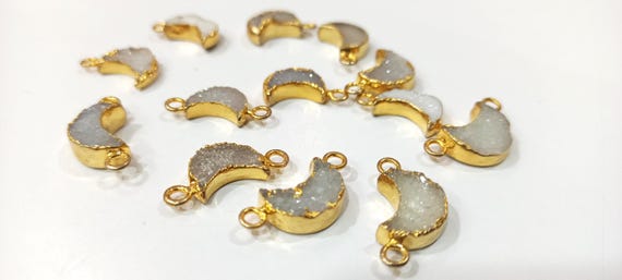 Natural White Druzy Moon shape Charms 11-12mm Gemstone Fancy Shape bezel connector Sold per pcs