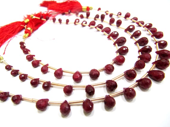 Natural Ruby Corundum Tear Drop Briolette Beads Size  3x5mm To 5x8mm Graduated Strand Length 8 Inches long Wholesale Prices