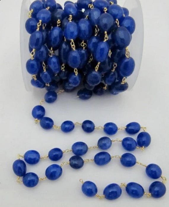 Blue Sapphire Quartz Plain Smooth Oval Dyed Beaded Wire Wrapped Rosary Chain Wholesale Prices Jewelry Making Gemstone chain sold per foot