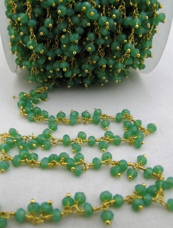 AAA Quality green Onyx beaded Dangling Chain, Beads 3mm Rondelle faceted Cluster Rosary Dangling Chain Dark Green ChalcedonyBeads